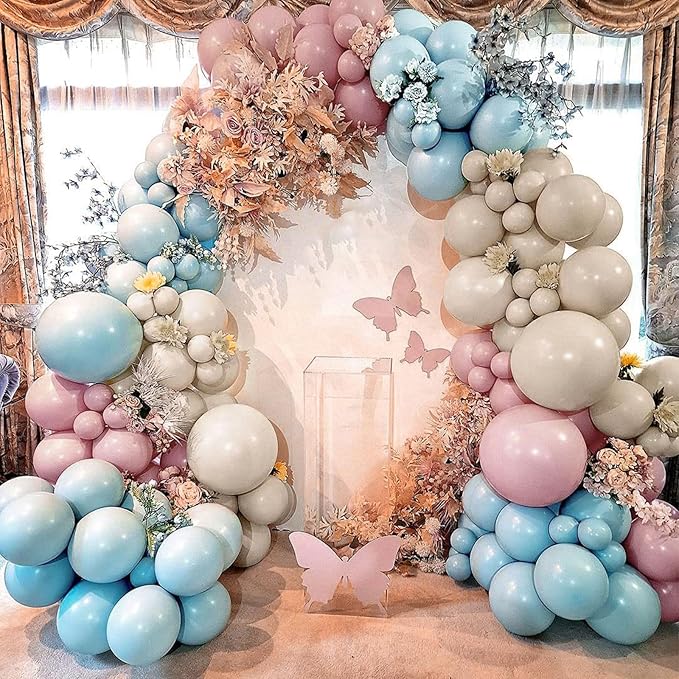 Dusty Pink Blue Balloons Set, 60 Pcs Gender Reveal Balloons, Retro Blue Pink Slate Blue Beige Ivory White Clear Latex Balloon Helium for Boy or Girl Birthday Neutral Baby Shower Party Decorations