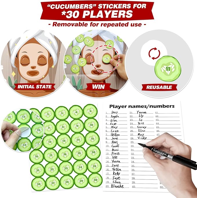 PARTYLOUD Pin The Cucumbers on The Girl, Spa Pajama Party Games, Kids Spa Birthday Party Sleepover Essentials for Girls Party Games 30 Guests