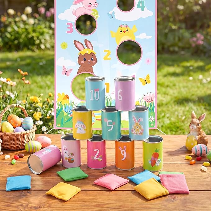 Hollowfly 19 Pcs Easter Can Bean Bag Toss Games Bunny Toss Cornhole Festive Party Throwing Easter Carnival Game Set for Family Outdoor Gatherings Birthdays Party Activities