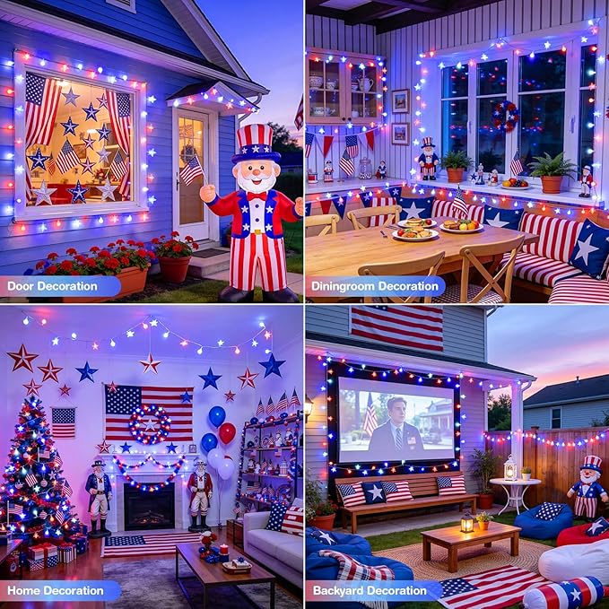 JMEXSUSS Red White and Blue Lights Plug in, 100 LED 33 FT Globe Star String Lights Indoor, USB 4th of July String Lights for Independence Day Patriotic Decoration