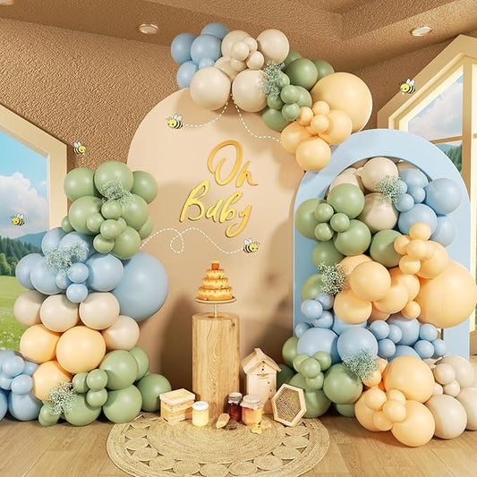 156pcs Blue and Yellow Balloon Arch Kit, Pastel Balloons with Blue Yellow Sage Green Sand White Balloons for Classic Bear Themed Baby Shower Wedding Birthday Party Decorations