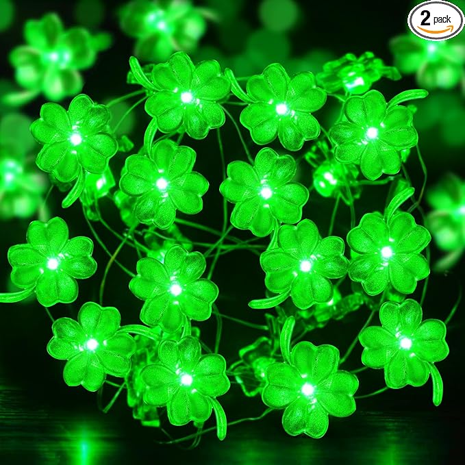 Aogist Super Bright 50LED Shamrock String Lights - 16ft St Patrick's Day 3D Clover Fairy Lights Battery Operated for Indoor/Outdoor Irish Party, Wedding, Holiday Green Decor - 2 Pack