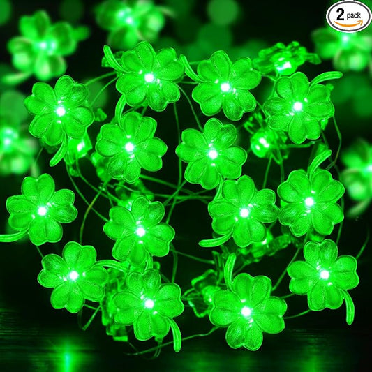 Aogist Super Bright 50LED Shamrock String Lights - 16ft St Patrick's Day 3D Clover Fairy Lights Battery Operated for Indoor/Outdoor Irish Party, Wedding, Holiday Green Decor - 2 Pack
