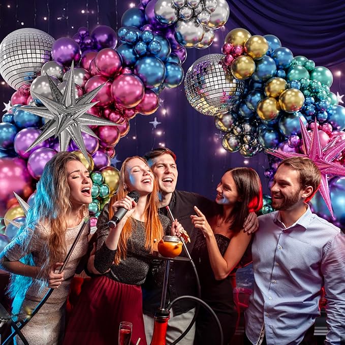 FOTIOMRG 135pcs Disco Balloon Arch Kit with Disco Ball Balloons Silver Blue Green Purple Hot Pink Gold Metallic Balloons, Star Disco Foil Balloons for Birthday 70S 80S 90S Disco Party Decoration