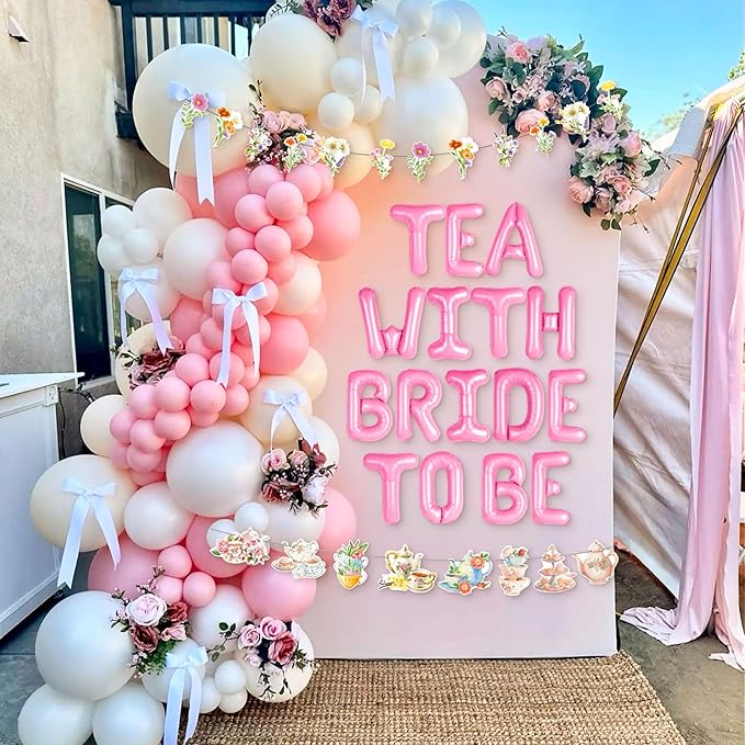 LaVenty Tea With Bride To Be Balloons Let's Par Tea Decorations Balloon Garland Arch Banner Floral Butterfly Teapot Banner for Bridal Shower Bachelorette Wedding Party