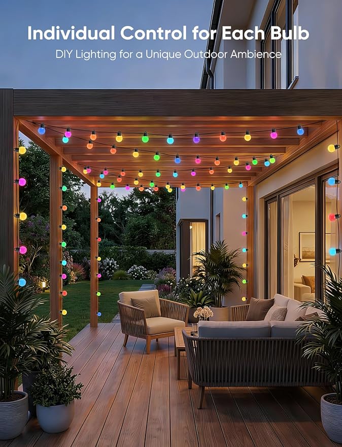 APPECK Outdoor String Lights 100ft, RGBW Color Changing Patio Lights with 50 Dimmable LED Bulbs, 111 Scene Modes, IP65 Waterproof Lighting for Outside, Party, Backyard, Pool, Compatible with Alexa