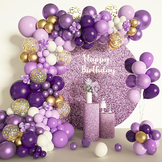 Amandir 150Pcs Purple Balloons Garland Arch Kit, Light Pastel Purple Gold White Confetti Latex Metallic Balloons for Women Birthday Baby Shower Wedding Party Decorations Supplies