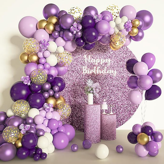Amandir 150Pcs Purple Balloons Garland Arch Kit, Light Pastel Purple Gold White Confetti Latex Metallic Balloons for Women Birthday Baby Shower Wedding Party Decorations Supplies