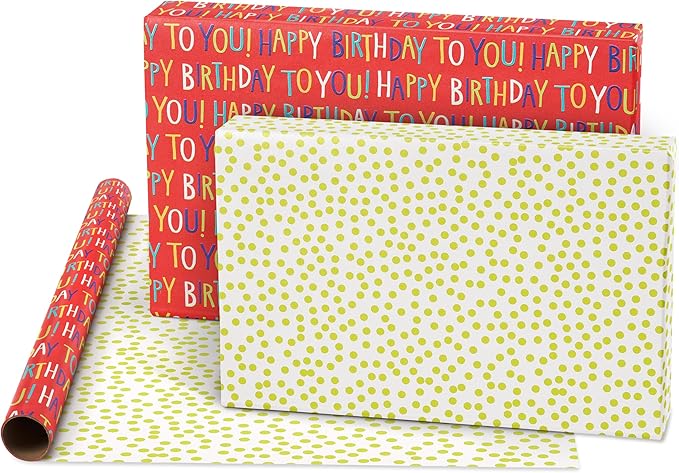 American Greetings Reversible Birthday Wrapping Paper for Kids, Dinosaurs and Unicorns (3 Rolls, 120 sq. ft)