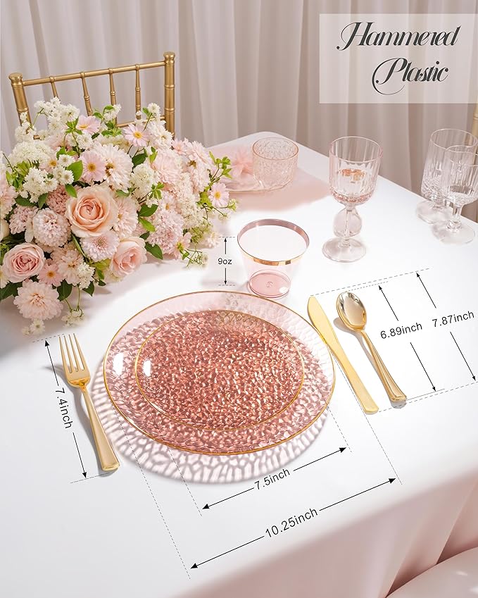 Hioasis 175PCS Clear Burgundy Plastic Plates - Hammered Disposable Dinnerware Set for Party Includes 25 Dinner Tableware, 25 Dessert Tableware,25 Cups,25 Rolled Napkin Cutlery for Mothers Day