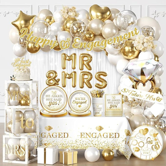 287Pcs Engagement Party Decorations, All-in-one Happy Engagement Decorations with 25 Serves Disposable Plates, 2 Pcs Waterproof Engaged Tablecloth Wedding Proposal Decorations Party Decor