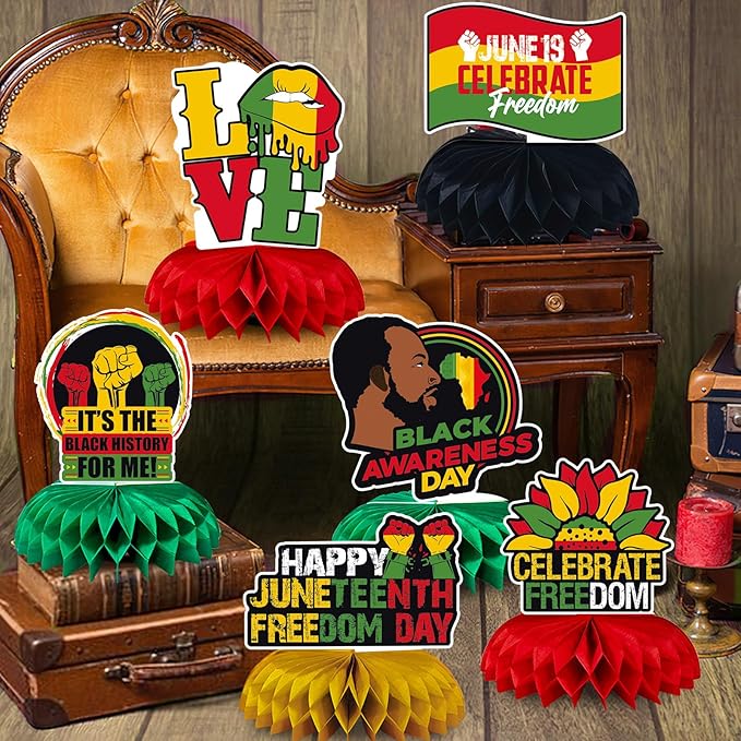 JULMELON 8PCS Juneteenth Party Decorations Honeycomb Centerpiece, 3D Double Side Juneteenth Centerpieces Table Topper for African American Independence 1865 Freedom Day Black History Party Supplies