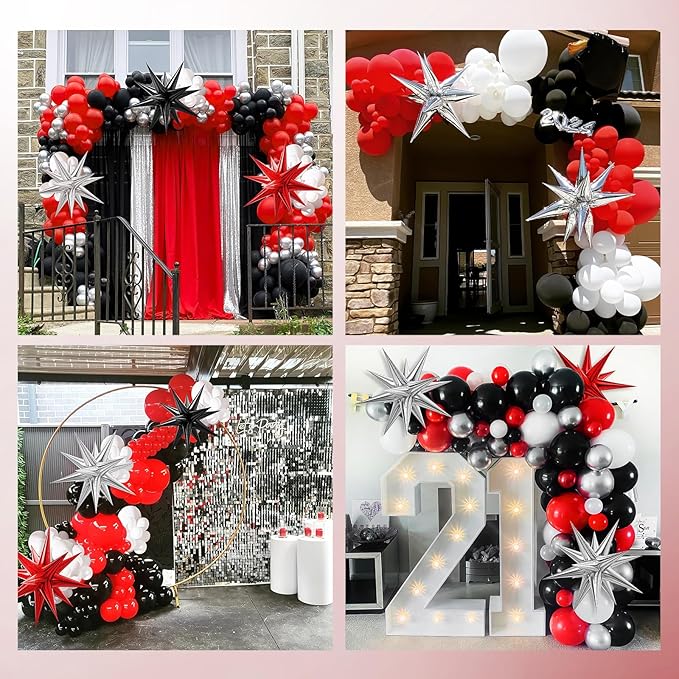 Red White and Black Balloon Garland Arch Kit, Red and Black Party Decorations with white Silver Balloons Confetti Latex Balloons for Graduation Decorations Prom Anniversary Birthday Party Decoration