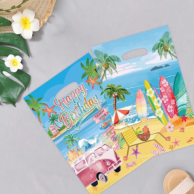 MOIZYNG 50Pcs Beach Birthday Gift Bags with Handles, Vintage Summer Surfing Surfboard Plastic Candy Treat Goodie Bags for Girls Hawaiian Surf Birthday Party Favors Supplies