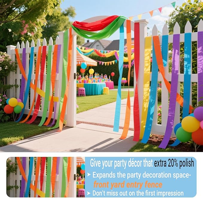 Colorful Rainbow Crepe Paper Streamers Birthday Party Backdrop for Banner and Balloons, Muilti Color Backdrop -6 Rolls Each 25 Meters 1.7in Wide