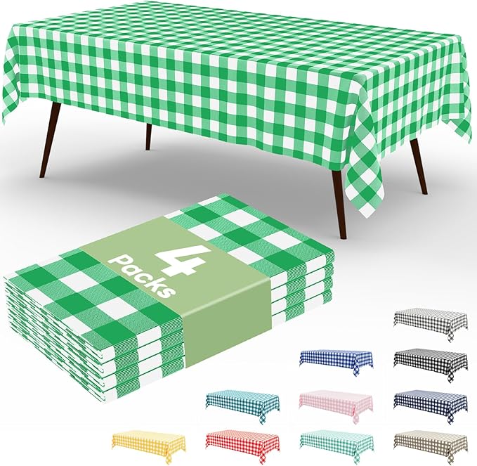 misaya 4 Packs Buffalo Disposable Table Cloth, 54 x 108 Inch Waterproof Plastic Tablecloth, Rectangle Green and White Checkered Table Covers for Picnic, Birthday, Party