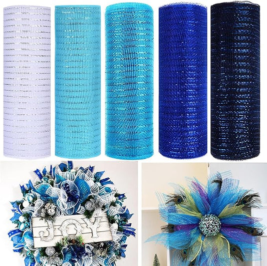 5 Rolls Christmas Mesh Ribbon for Wreath, 10 Inch x 30FT Per Roll Metallic Foil Deco Mesh Rolls White Blue Royal Blue Navy Decorative Mesh for Summer Wreath Christmas Tree Home Party Decor