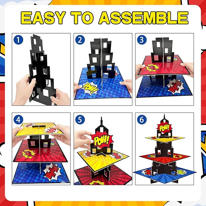 KALEFO Superhero Party Supplies Cake Stand 3 Tier Cupcake Stand Super Hero Parties Favors Mini Cup Cake Holder for Birthday Decorations (Superhero)