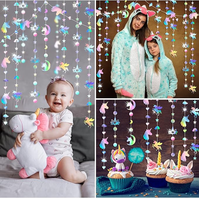 Pajean Unicorn Party Decorations Iridescent Party Supplies Unicorn Hanging Swirls Garland with Streamer Circle Dots Garland for Girls Baby Shower Birthday Decor Favors Room Ceiling