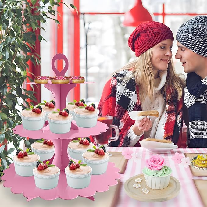 Pink Cupcake Stand, 3-Tier Heart Handle Dessert Display Tower, Scalloped Edge Cake Stand for Girl Birthday Baby Shower Wedding Party Decoration, Easy Assembly (2-Pack) ﻿