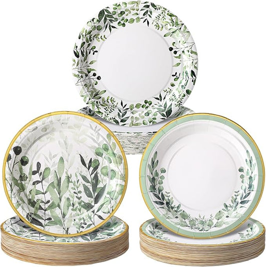 Yungyan 144 Pcs 9 Inch Sage Green Paper Plates with Gold Rim Sage Green Tableware Party Supplies Eucalyptus Dessert Plates Greenery Floral for Baby Shower Wedding Bridal Birthday Party