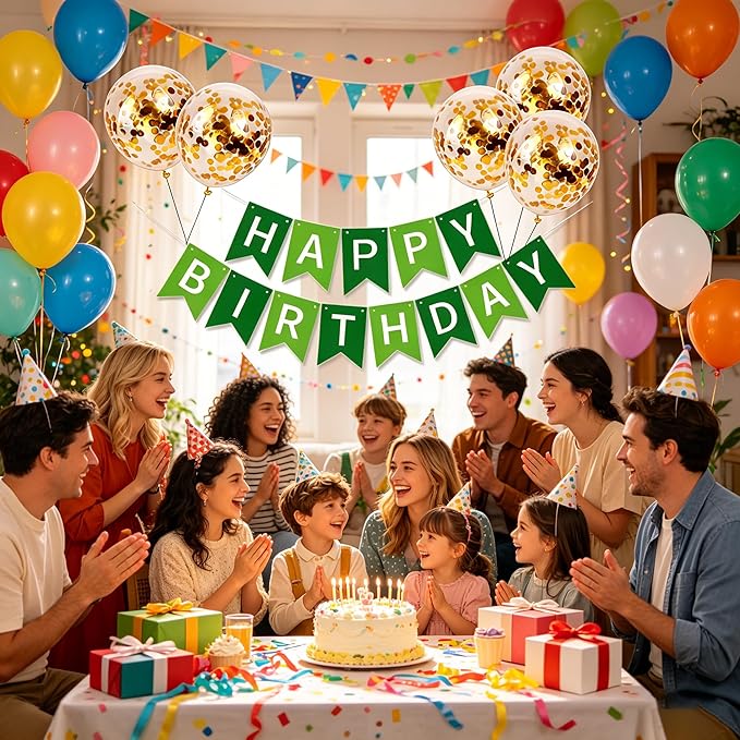 Happy Birthday Banner Sign Bunting Hanging Decorations with Shiny Gold Balloons Birthday Party Sign Decor for Party Supplies(Green)