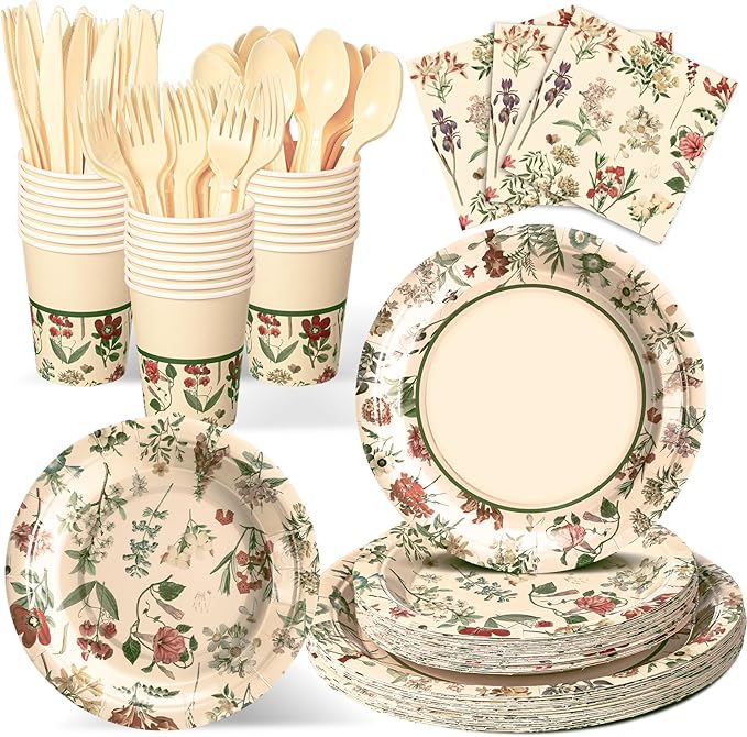 Roshtia Floral Party Supplies Set for 50 Guests - Watercolor Flowers Paper Plates & Napkins, Disposable Dinnerware for Women & Girls Birthday, Vintage Tea Party & Baby Shower Tableware