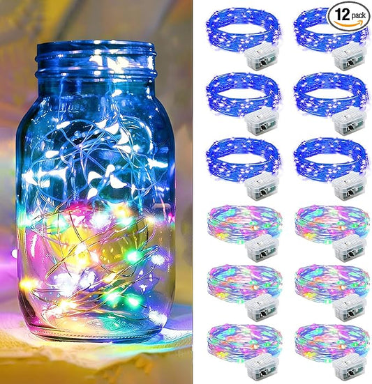 12 Pack Fairy Lights 7Ft 20 LED Twinkle String Lights 3 Modes Battery Operated Waterproof Firefly Starry for Mason Jar Party Wedding Christmas Valentines Day Table Centerpieces,Rainbow + Blue