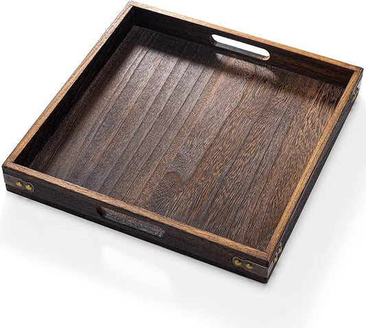Yangbaga Serving Tray with Handles,13"*13"Wood Decorative Tray for Living Room,Modern Coffee Table Tray,Square Large Serving Platters for Home Decor,Ottoman,Bed,Kitchen,Bathroom, Breakfast,Bar