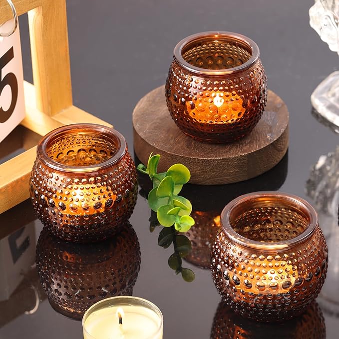 32 Pcs Amber Votive Candle Holders, Round Amber Glass Candle Holder with Polka Dot Embossed, Vintage Votive Candle Holders for Weddings, Home Decor, Baby Shower, Special Occasions