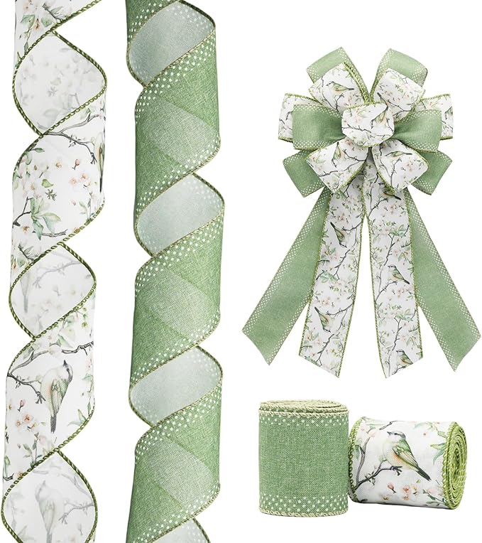 Sage Green Bird Floral Wired Ribbon Set, 2 Rolls 2.5 Inch x 10 Yards Total, Vintage Botanical Bird Ribbon for Wreaths, Bows, Gift Wrapping, Wedding Decor, Spring Summer Crafts