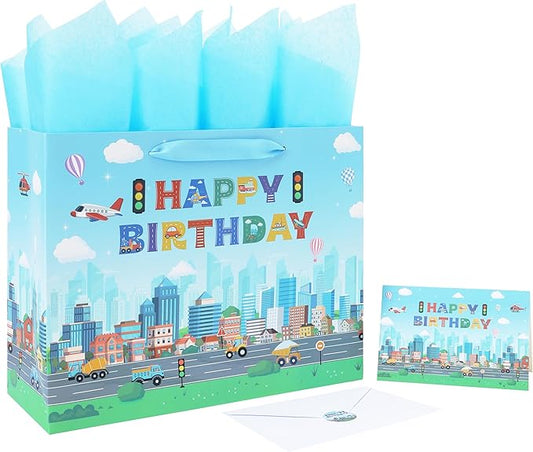 Qirrmiy 13'' Large Birthday Gift Bag Set with Handles, Greeting Card, Tissue Papers and Stickers for Boys', Girls', Kids' Party, Baby, Newborn, Birthday Design, 1 Pcs