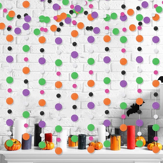 Outus 5 Pieces Orange,Black,Purple,Green,White Round Dots Garland Graduation Party Hanging Decor Each Length 13.1ft Glitter Paper Dot Streamers for Birthday Wedding Classroom Supplies
