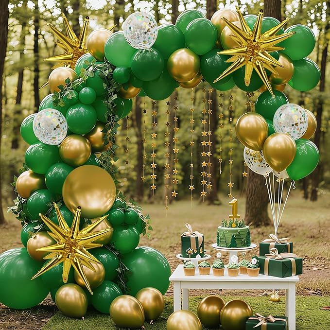 RUBFAC Green and Gold Balloon Garland Arch Kit, 140pcs Graduation Decorations Latex Balloons, Dark Green Gold Confetti Star Balloon for Birthday Wedding New Year Party Decorations