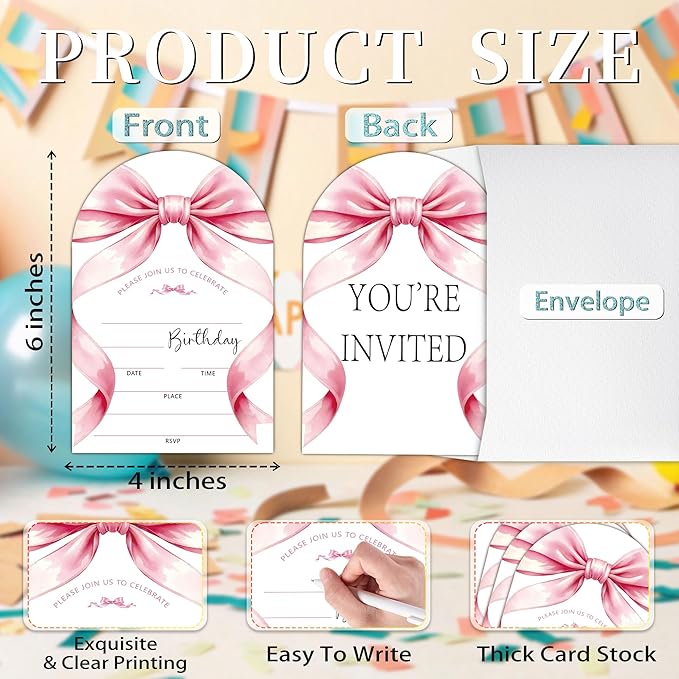 Pink Bow Birthday Party Invitations, Pink Ribbon Bow Party Invitations for Girls, 20 Fill-In invites with Envelopes, Birthday Party Favor & Decoration (arch)