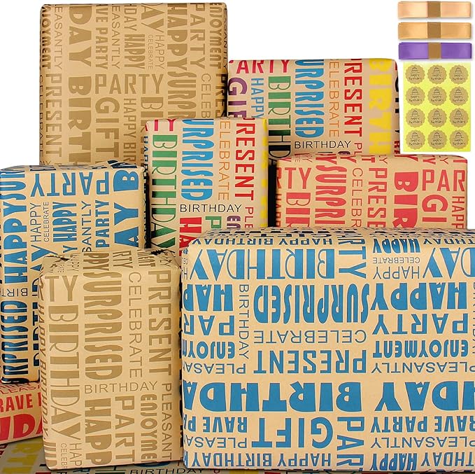 Brown Kraft Birthday Wrapping Paper and Ribbon Bow Set with Stickers for Boys, Girls, Men, Women and Kids - Recycled Gift Wrap (6 Sheets, 27.5"L x 19.6"W Per Sheet)