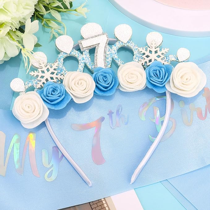 CUBACO 7th Birthday Crown Headband and Sash, 7 Year Old Girl Birthday Gifts for Blue Princess Crown, Frozen Party Decorations Favors for Girls Outfit