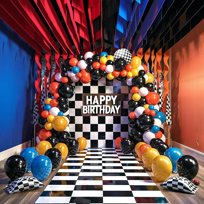 Racing Theme Balloons Arch Garland Kit, Blue Red Black Checkered Pattern Flag Foil Balloon, Racing Themed Decorations for Boys Birthday Party Baby Shower