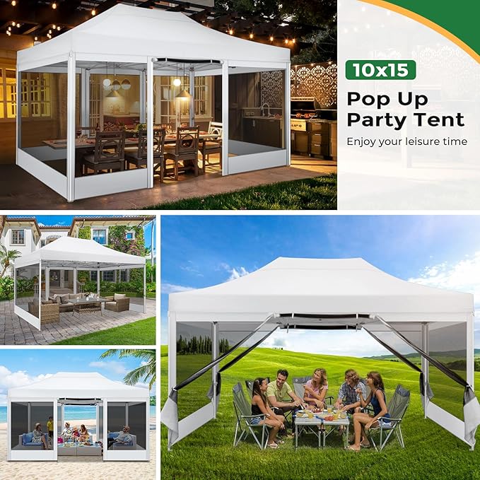 COBIZI 10x15 Heavy Duty Pop Up Canopy with 4 Sidewalls, Commercial Gazebo Party Tent with Mosquito Netting Wall Easy Set Up Outdoor Instant Screen Tent for Backyard, Patio, Garden, White