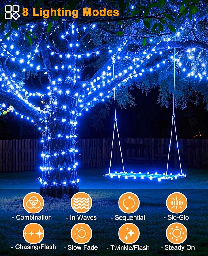 Blue Christmas String Lights, 40FT 120 LED Christmas Lights Outdoor Waterproof with 8 Modes, Plug in Connectable Tree Fairy Lights for Outside Bedroom Patio Home Garden Holiday Decorations