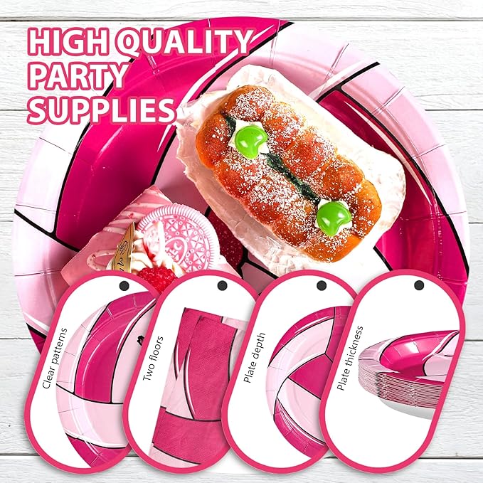 Grencian 96Pcs Pink Volleyball Party Supplies Volleyballs Paper Plates and Napkins Sports Birthday Party Disposable Tableware for Girl Volleyball Birthday Decorations Serves 24