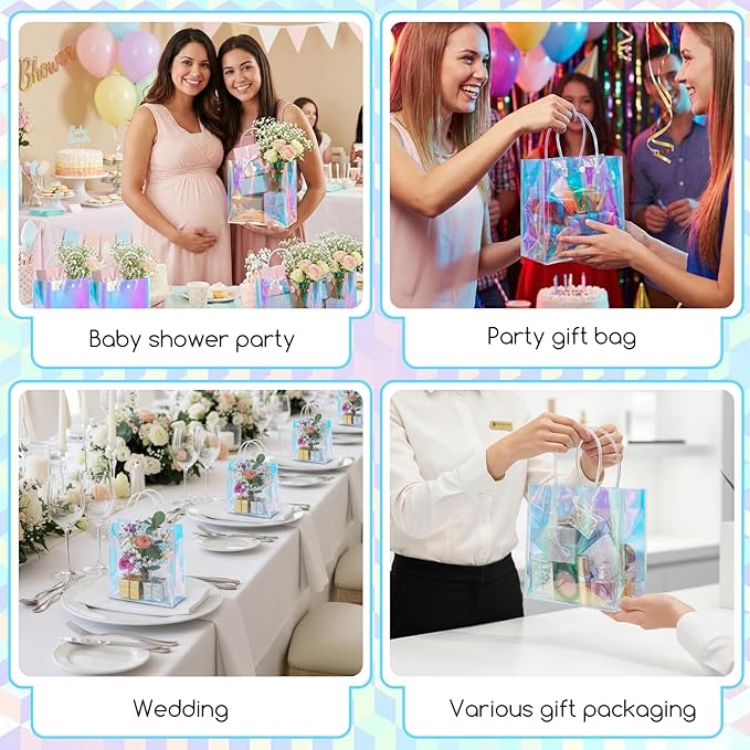 16 Pcs Holographic Small Gift Bags, Clear Reusable Iridescent Birthday Gift Bag with Handles, PVC Gifts Wrap Bags for Bachelorette Shopping Birthday Weddings Party Favors(7.87" x 7.87" x 3.15")