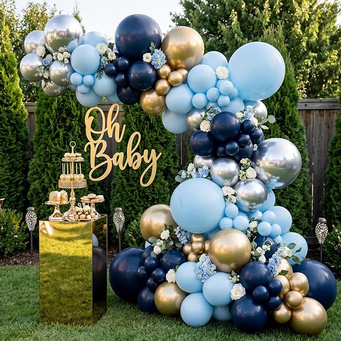 RUBFAC Navy Blue Balloons 129pcs Different Sizes Pack of 18 12 10 5 Inch, Latex Retro Blue Garland Arch Kit for Men Birthday Sports Theme Party Graduation Boy Baby Shower Decoration