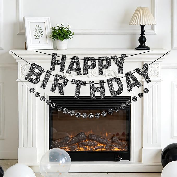 Happy Birthday Banner Pre-Strung Birthday Party Decorations NO DIY Glitter Happy Birthday Sign Circle Dots Garland Birthday Hanging Decorations for Women Men Birthday Party Supplies (Black)