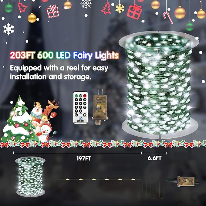 KNONEW 203FT Outdoor Christmas Fairy Lights Plug in,600 LED String Lights Outdoor Waterproof 8 Modes Memory Times for Wedding Bedroom Walls Garden Trees Decoration(Cool White)