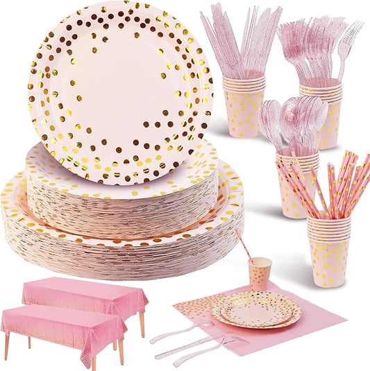 Party Supplies 402pcs Pink & Gold Plates and Napkins Sets - Disposable Dinnerware Sets for 50 Guests with Paper Plates Cups Straws Plastic Cutlery 2 Tablecloths - Bridal Shower Birthday Wedding