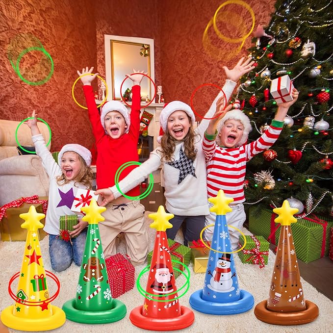 5 Pack Inflatable Christmas Ring Toss Game Set Holiday Party Supplies Indoor Outdoor Family Christmas Games for Kids Adults Xmas Party Decorations Carnival Games with Toss Rings and Pump