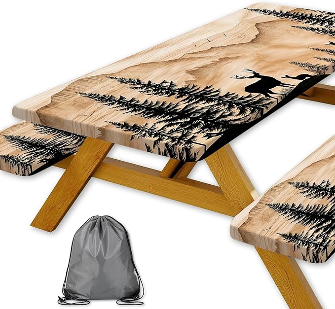 Picnic Table Cover with Bench Covers Camping Essentials Rustic Hunting Deer Forest Waterproof Windproof Camping Tablecloth Fitted Tablecloth Cover with Elastic Edge for Indoor Outdoor 3 PCS 30x72 Inch