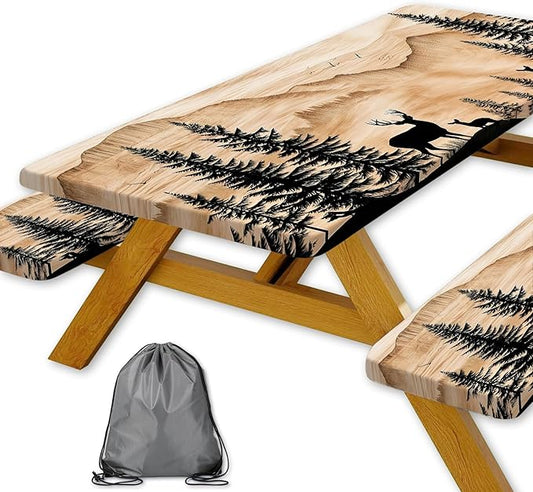 Picnic Table Cover with Bench Covers Camping Essentials Rustic Hunting Deer Forest Waterproof Windproof Camping Tablecloth Fitted Tablecloth Cover with Elastic Edge for Indoor Outdoor 3 PCS 30x60 Inch