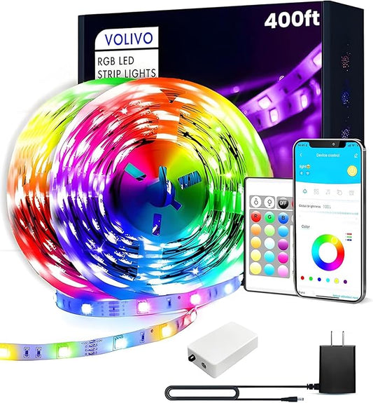 VOLIVO 400ft Led Strip Lights for Bedroom, Color Changing Led Light Strips Kit with 24 Keys IR Remote and Smart App Control, RGB Music Sync Lighting for Room, Home Decor